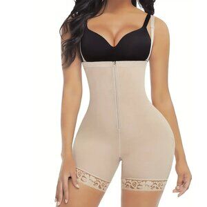 Mid-Thigh Post-Surgical Compression Body Shaper Detachable Straps Zipper Crotch
